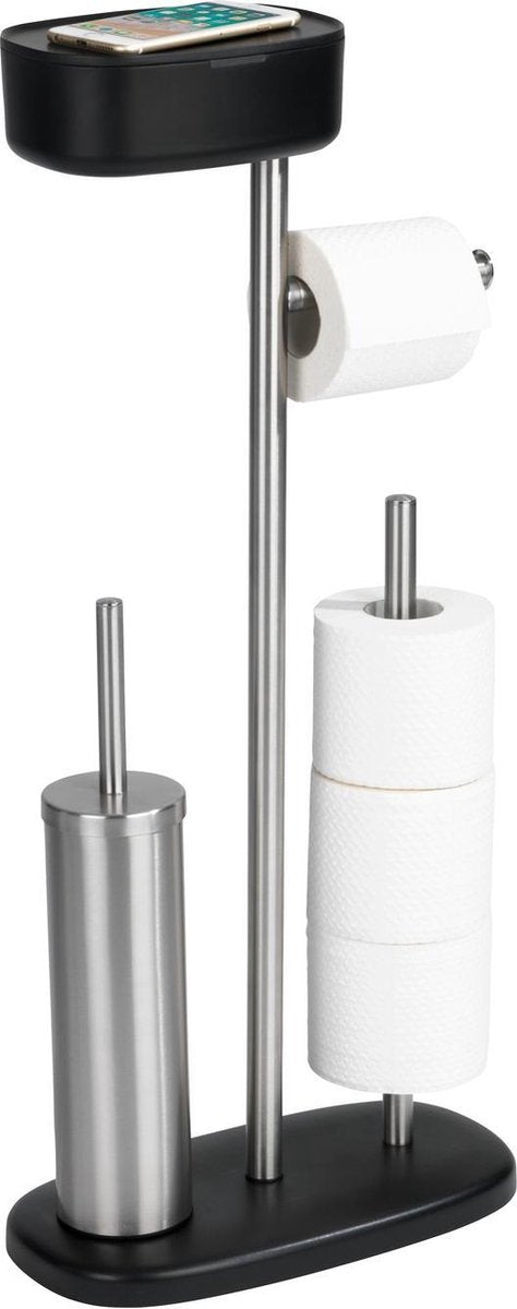 Wenko WC majordome Rivazza acier inoxydable noir - brosse WC avec support, porte-rouleau de papier toilette, porte-rouleau de rechange et boîte de rangement noir - sur pied