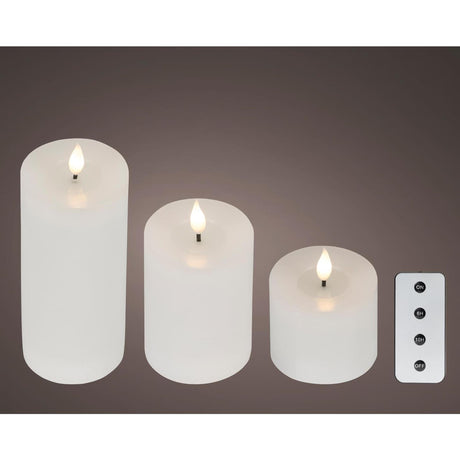 Lumineo 3-delig realistische led kaars met wax pit en vlam effect ø7.5 hoogte 9,5-13,5-20cm wit met timer werkt op afstandsbediening en batterij