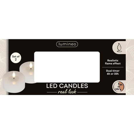 Lumineo realistische led theelicht met vlam effect ø7,5x6cm wit met 6uur timer werkt op batterij-2 stuks