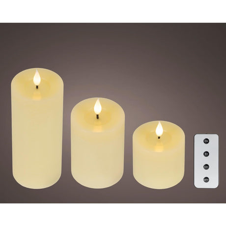 Lumineo 3-delig realistische led kaars met wax pit en vlam effect ø7.5 hoogte 9,5-13,5-20cm crã©me met timer werkt op afstandsbediening en batterij