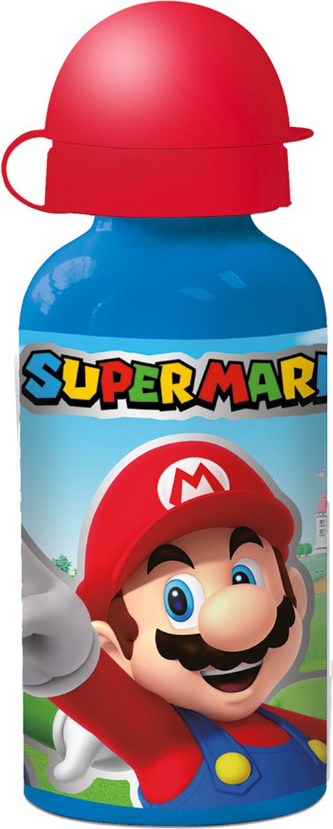 Gourde en aluminium Stor Super Mario de Nintendo - 400 ml - légère - bouchon à vis étanche - gourde pour enfants - bleu rouge