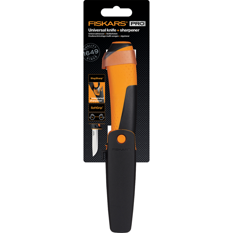 Couteau universel Fiskars avec aiguiseur (orange)