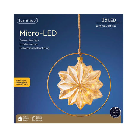 Verre étoile Lumineo LED avec 15 lampes micro LED dans un anneau métallique - ø 26 cm, fonctionne sur batterie avec minuterie