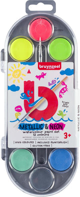 Ensemble d'aquarelles pour enfants Bruynzeel de 12 couleurs néon métalliques