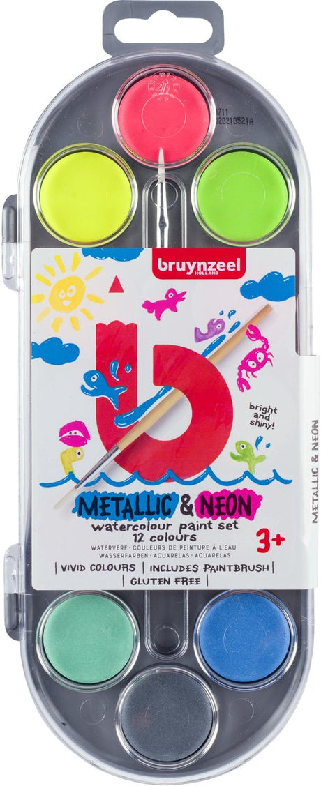 Ensemble d'aquarelles pour enfants Bruynzeel de 12 couleurs néon métalliques