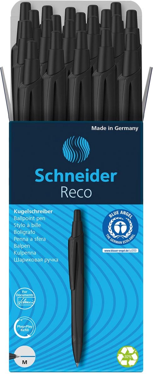 Schneider instruments d'écriture stylo à bille schneider - reco - noir - 20 pièces - s-131810-20