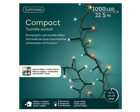 Lumineo led compact lights twinkel 1000l 2250cm colour changing. 8 functie twinkel effect en 8 uur timer