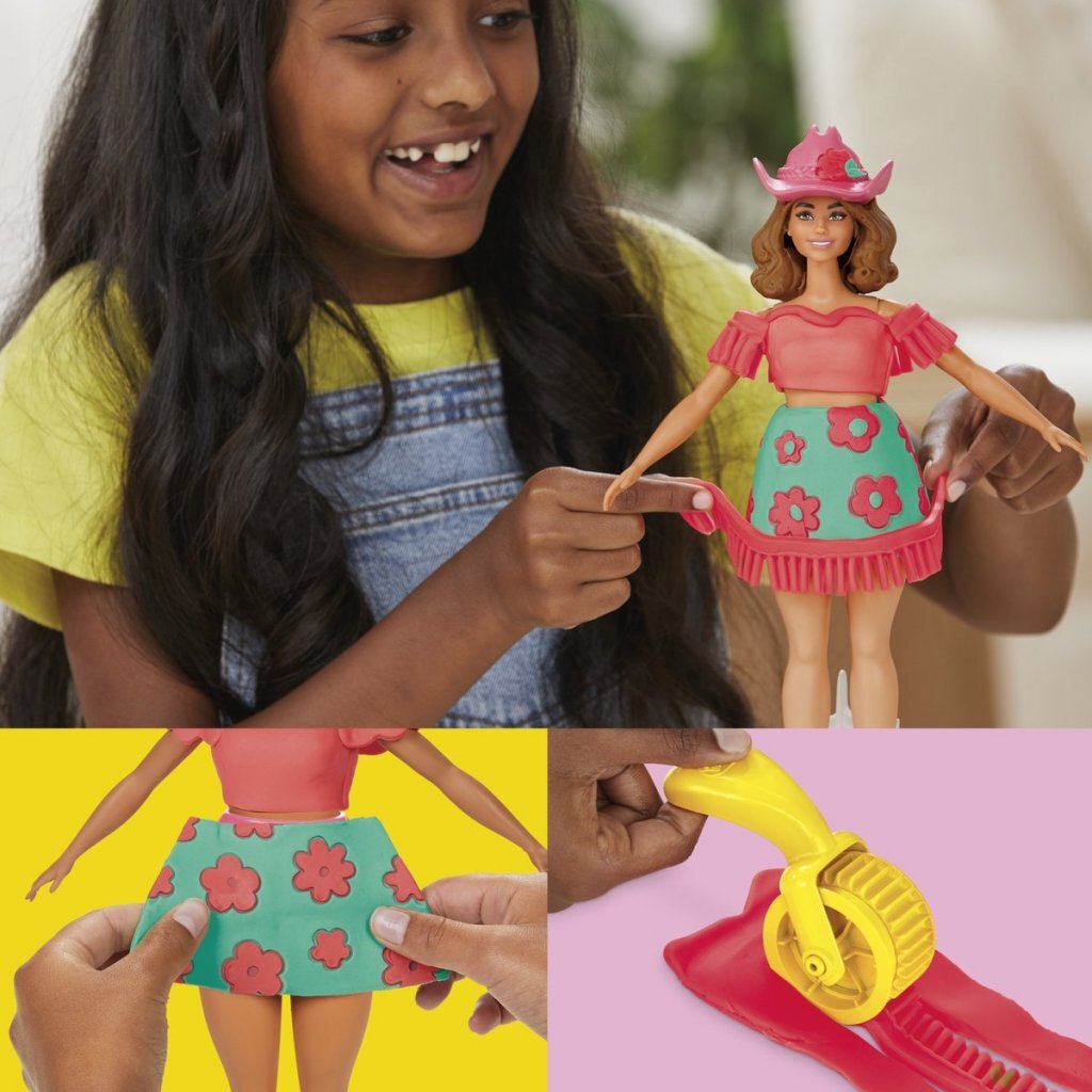 Play-doh set fleurs et franges barbie - confectionner des vêtements de poupée - pâte à modeler