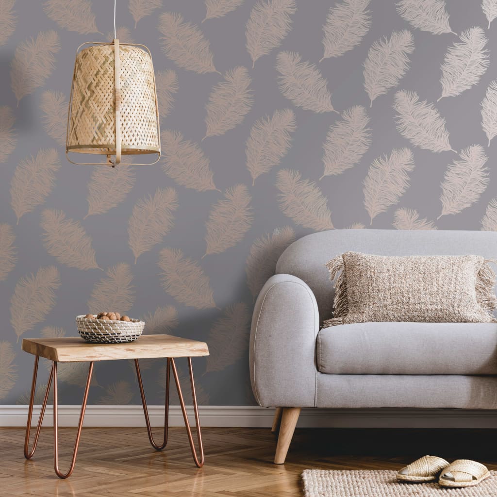 Dutch Wallcoverings Dutch Wallcoverings Wallpaper Fawning Feather Gray and Rose gold colored