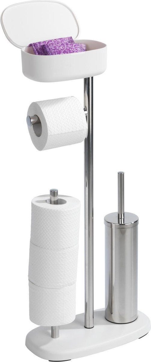 Wenko majordome de toilettes Rivazza en acier inoxydable blanc - brosse de toilette avec support, porte-rouleau de papier toilette, porte-rouleau de rechange et boîte de rangement blanc - sur pied