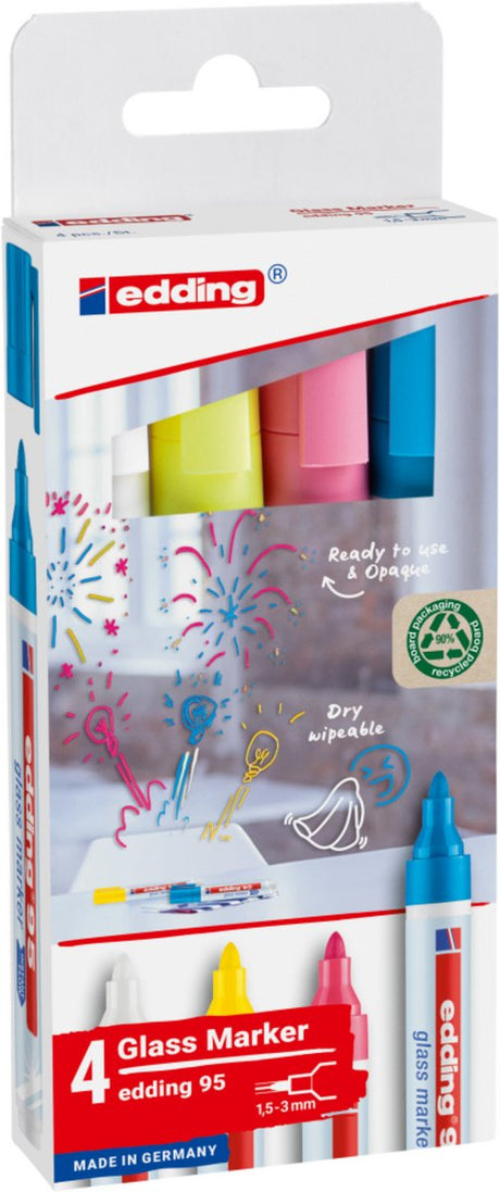 Set de marqueurs pour verre Edding 95 avec 4 couleurs - blanc, jaune, rose, bleu clair - pointe ronde 1,5-3 mm - convient également pour les tableaux blancs - effaçable à sec