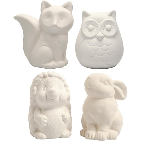 Creativ company tirelire animal, hibou, renard, hérisson, lièvre, h : 9-10 cm, blanc, 4 pièces 1 boîte