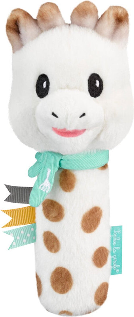 Hochet à presser Sophie la girafe - hochet - jouet bébé - cadeau maternité - cadeau baby shower - à partir de 3 mois - peluche - 16x6x6,5 cm - blanc marron turquoise