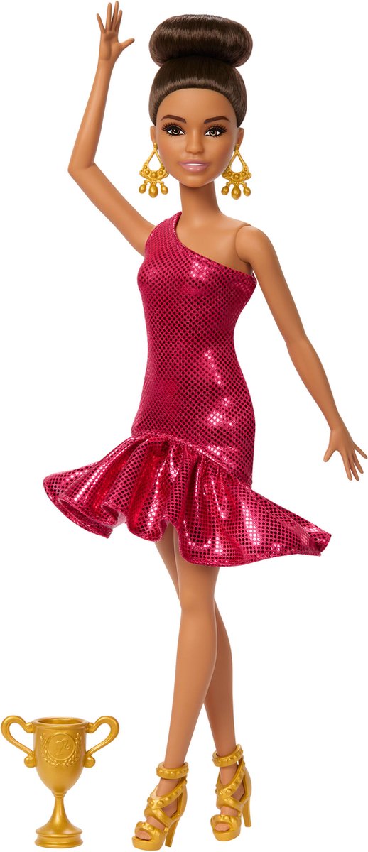 Poupée Barbie Mattel danseuse de salon avec accessoires et détails dorés.