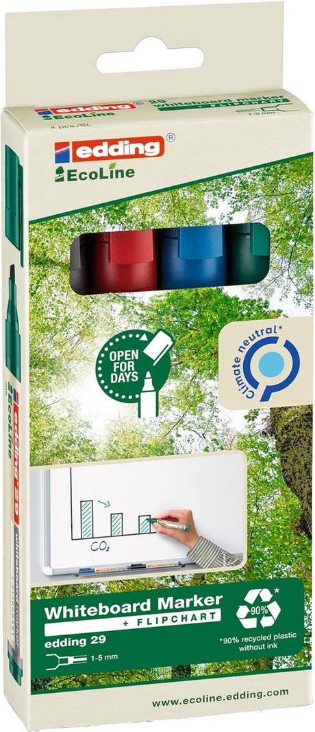 Edding 29 marqueur pour tableau ecoline - 4 pièces - noir bleu rouge vert - pointe biseautée 1-5 mm - convient pour tableau blanc et paperboard