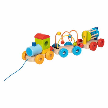 Train en bois Goki Rio avec blocs, labyrinthe de perles, hochet
