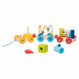Train en bois Goki Rio avec blocs, labyrinthe de perles, hochet