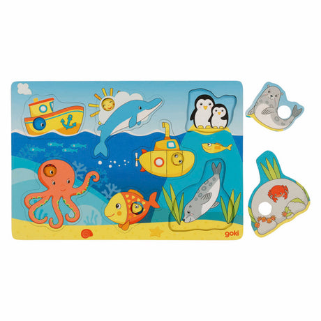 Puzzle Goki fond en bois animaux marins, 7 pcs.
