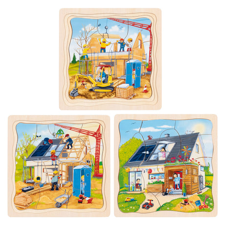 Puzzle en bois Goki à 3 couches - construction de maisons - 35 pcs.