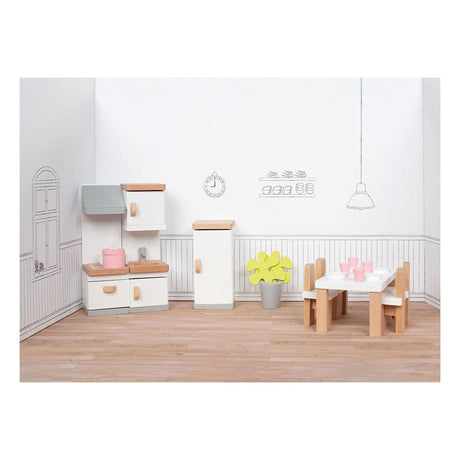 Meubles pour maison de poupée Goki : cuisine design, 20 pièces, 10x6,5x5cm (table), bois de hêtre et tissu, 3+