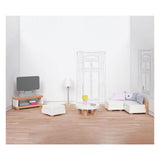 Meubles pour maison de poupée Goki : salon design, 15 pièces, 9,5x3x4cm (meuble télé), bois de hêtre et tissu, 3+