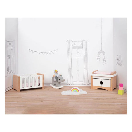 Meubles pour maison de poupée Goki : chambre d'enfant design, 12 pièces, 10,2x6x5,5cm (lit), bois de hêtre et tissu, 3+