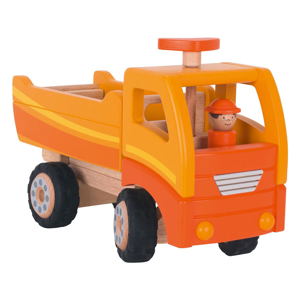 Goki Holzkipplastwagen Orange mit rotierenden Rädern