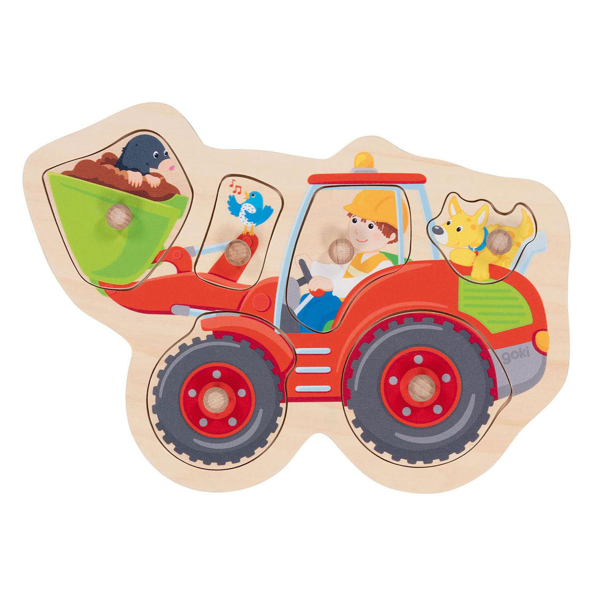 Goki wooden studs puzzle wheel loader, 6st.