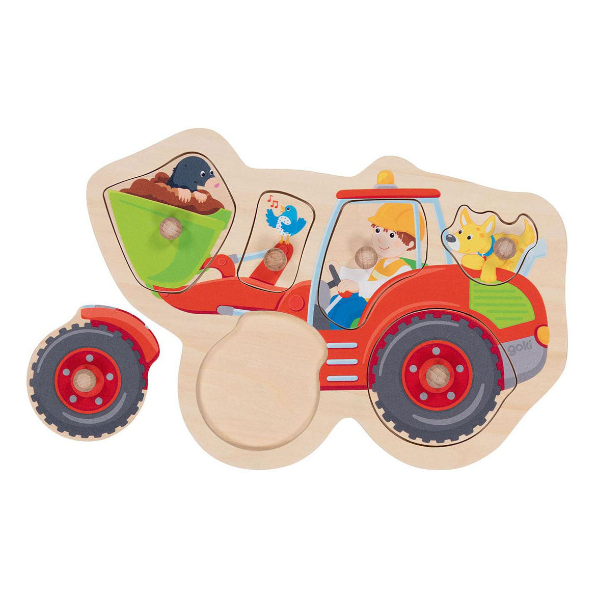 Goki wooden studs puzzle wheel loader, 6st.