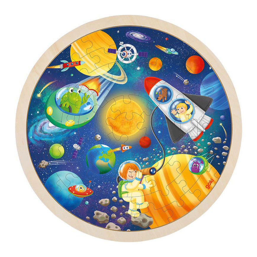 Goki wooden jigsaw puzzle round space travel, 57st.