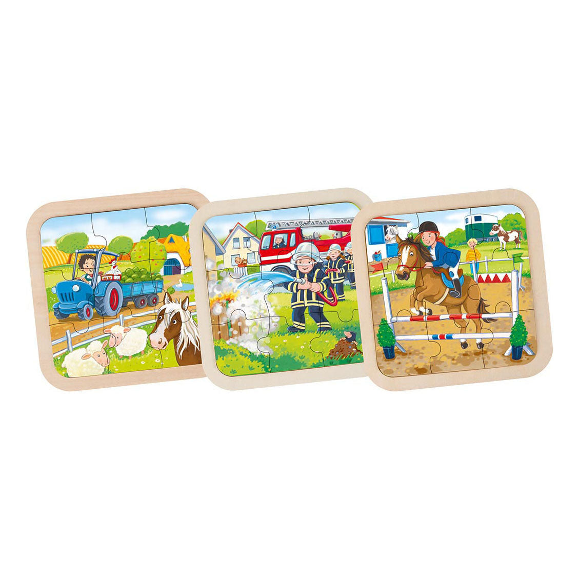 Goki Wooden Jigsaw Puzzle Farm, Brigada de fuego, caballo, 9º.