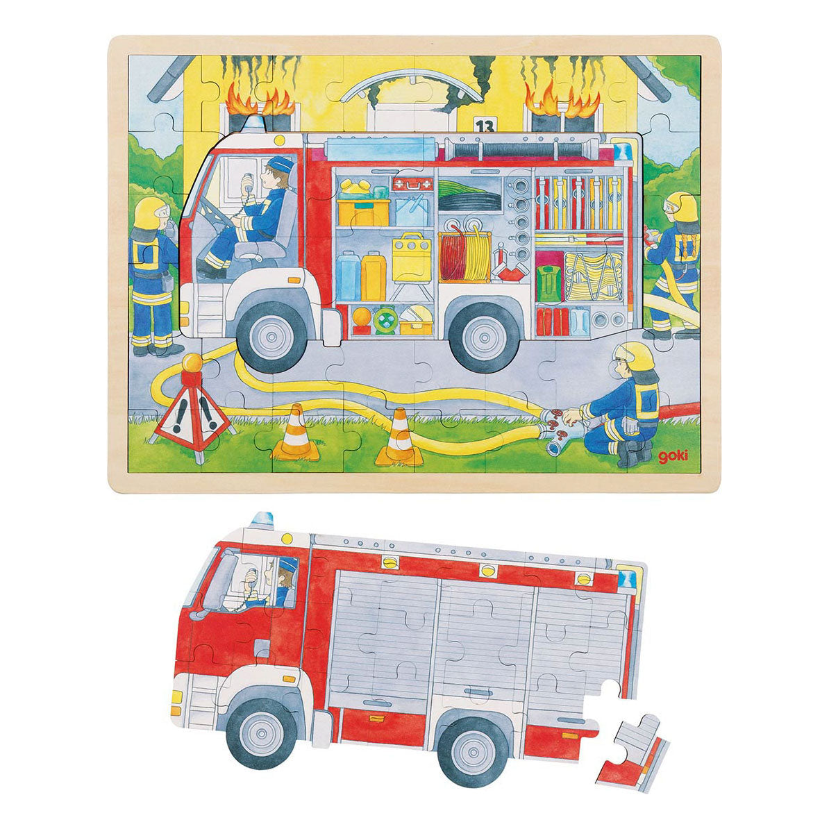 Goki Wooden Strayer Puzzle Fire Brigade al lavoro, 60 °.