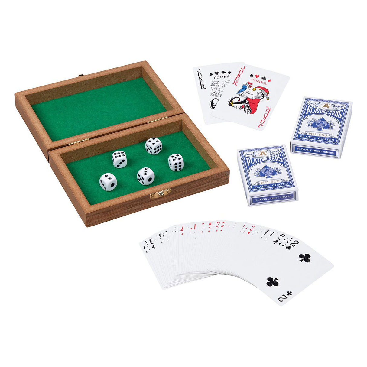 Scatola di carte da gioco Goki in legno con 5 dadi e 2 set di carte