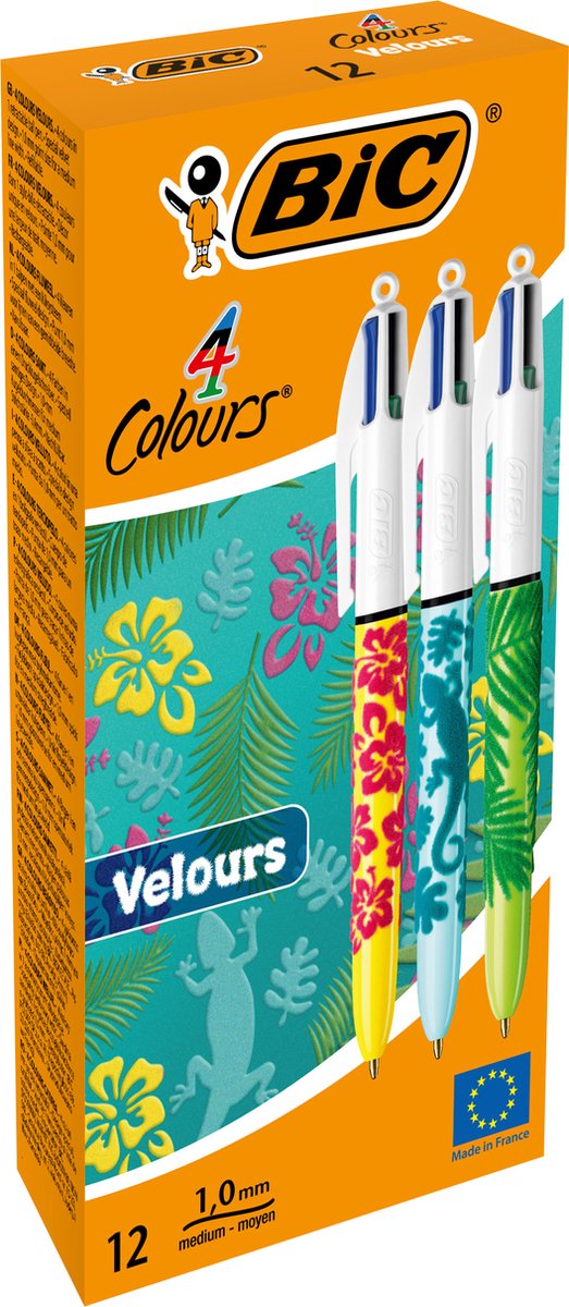 Stylo bille rétractable 4 couleurs velours Bic - différents décors jungle - boîte de 12 pièces - pointe moyenne 1 mm