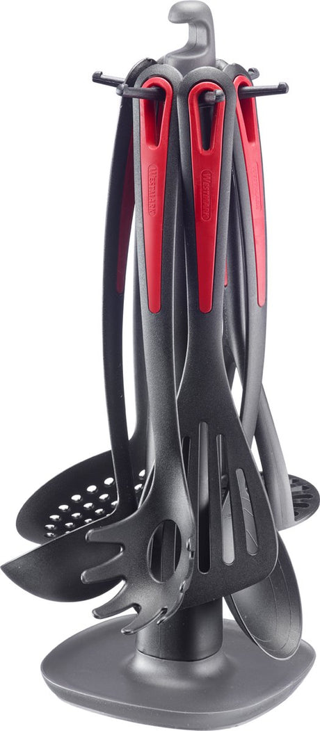 Ustensiles de cuisine Westmark - galant standard rotatif avec presse-purée, cuillère à légumes, cuillère à spaghetti, cuillère à soupe, écumoire et spatule - noir rouge, ensemble de 7 pièces
