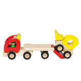 Véhicule en bois Goki : semi-remorque avec bulldozer 34x8,5x12,5cm, avec pneus caoutchouc, 2+