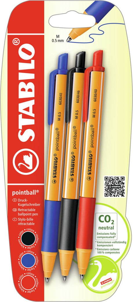 Stylos à bille Stabilo pointball bleu noir rouge - 3 pcs.