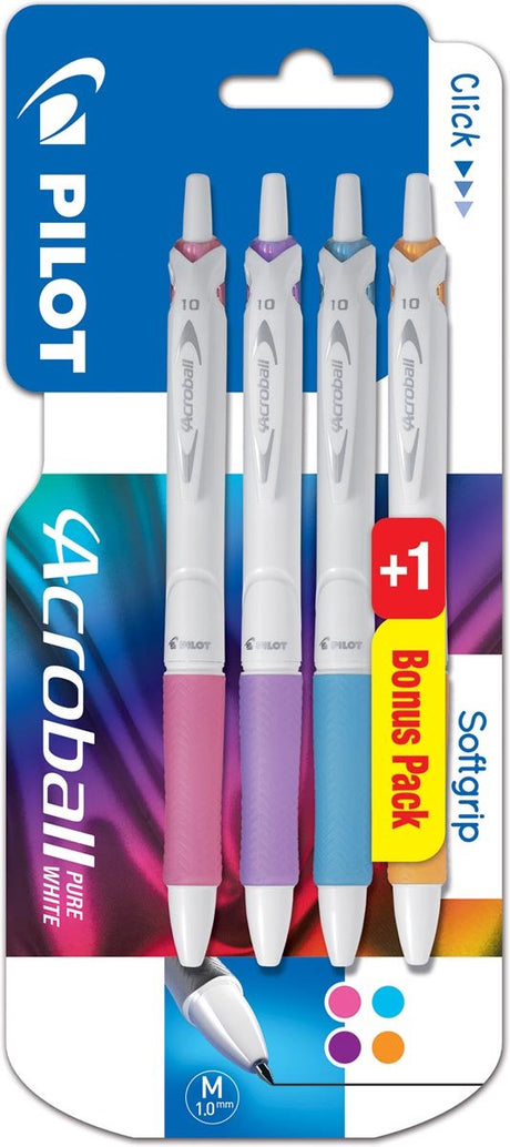Stylo à bille Pilot acroball blanc pur | blister de 3 + 1 gratuit | aux couleurs gaies