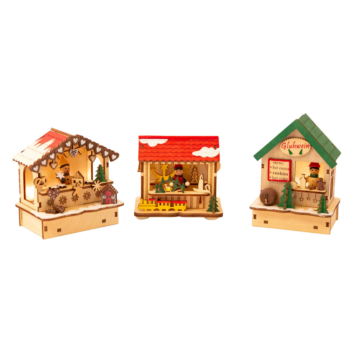 Small foot wooden decoration Christmas market with lights, set of 3