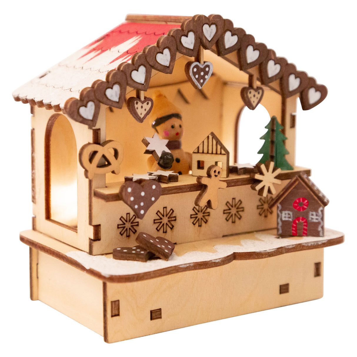 Small foot wooden decoration Christmas market with lights, set of 3