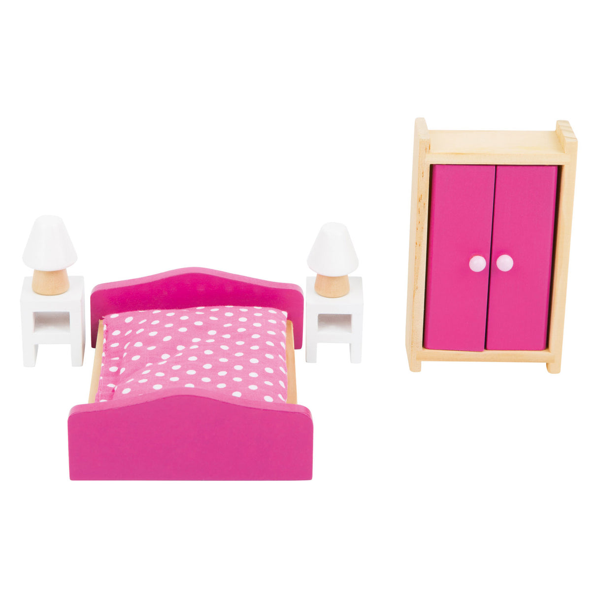 Dormitorio de muebles de casa de muñecas de madera de pie pequeño, 6dlg.