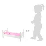 Lit de poupée en bois petit pied avec literie 50 cm blanc rose