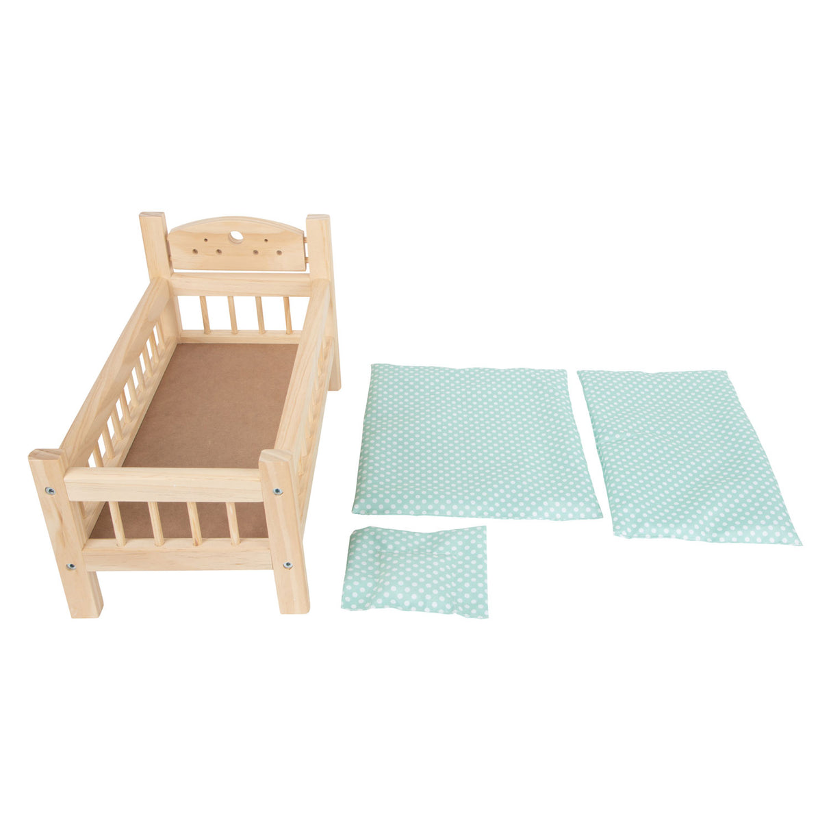 Small foot wooden doll bed of course with bedding, 4LDG.