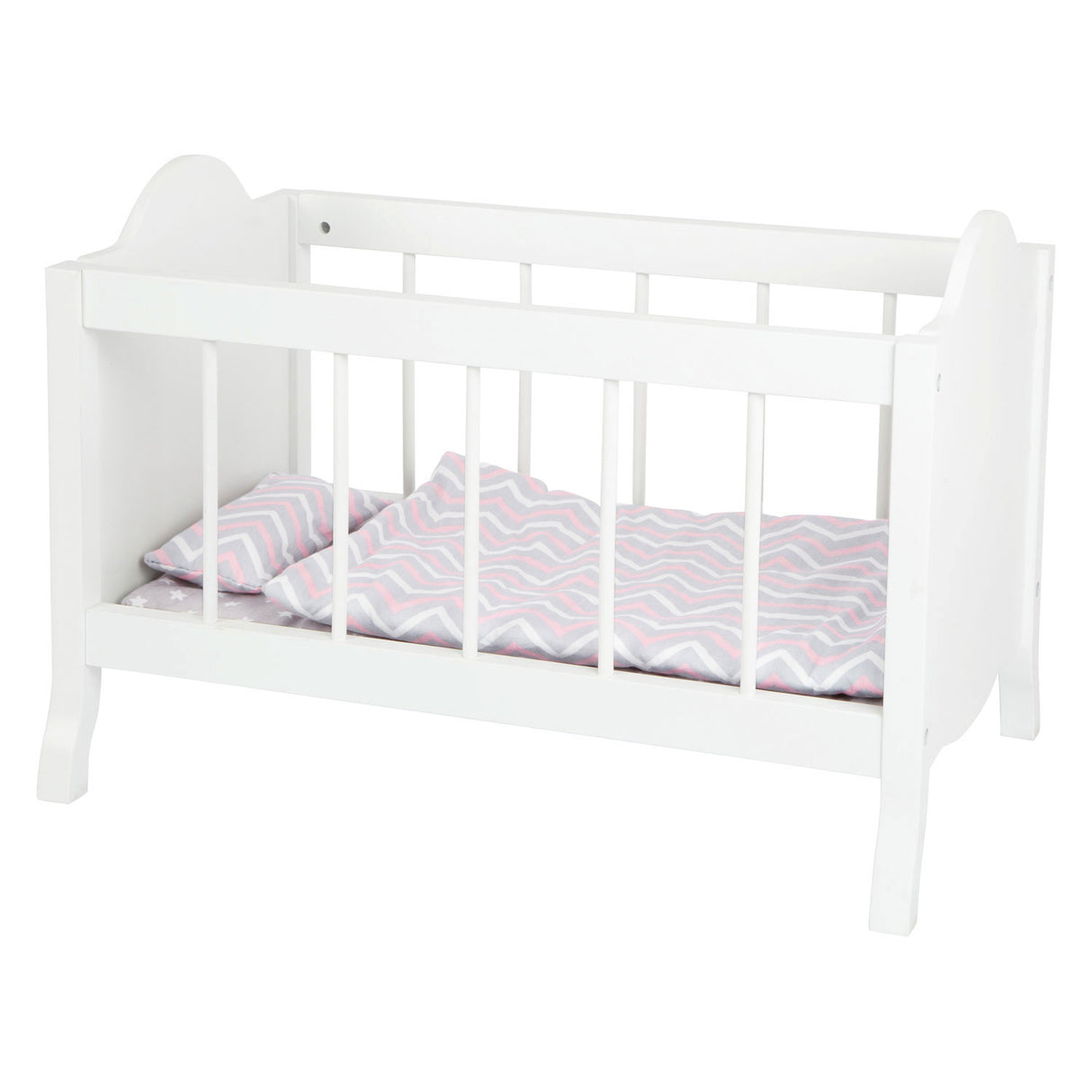 Small foot wooden doll bed white with bedding stripes, 4dlg.