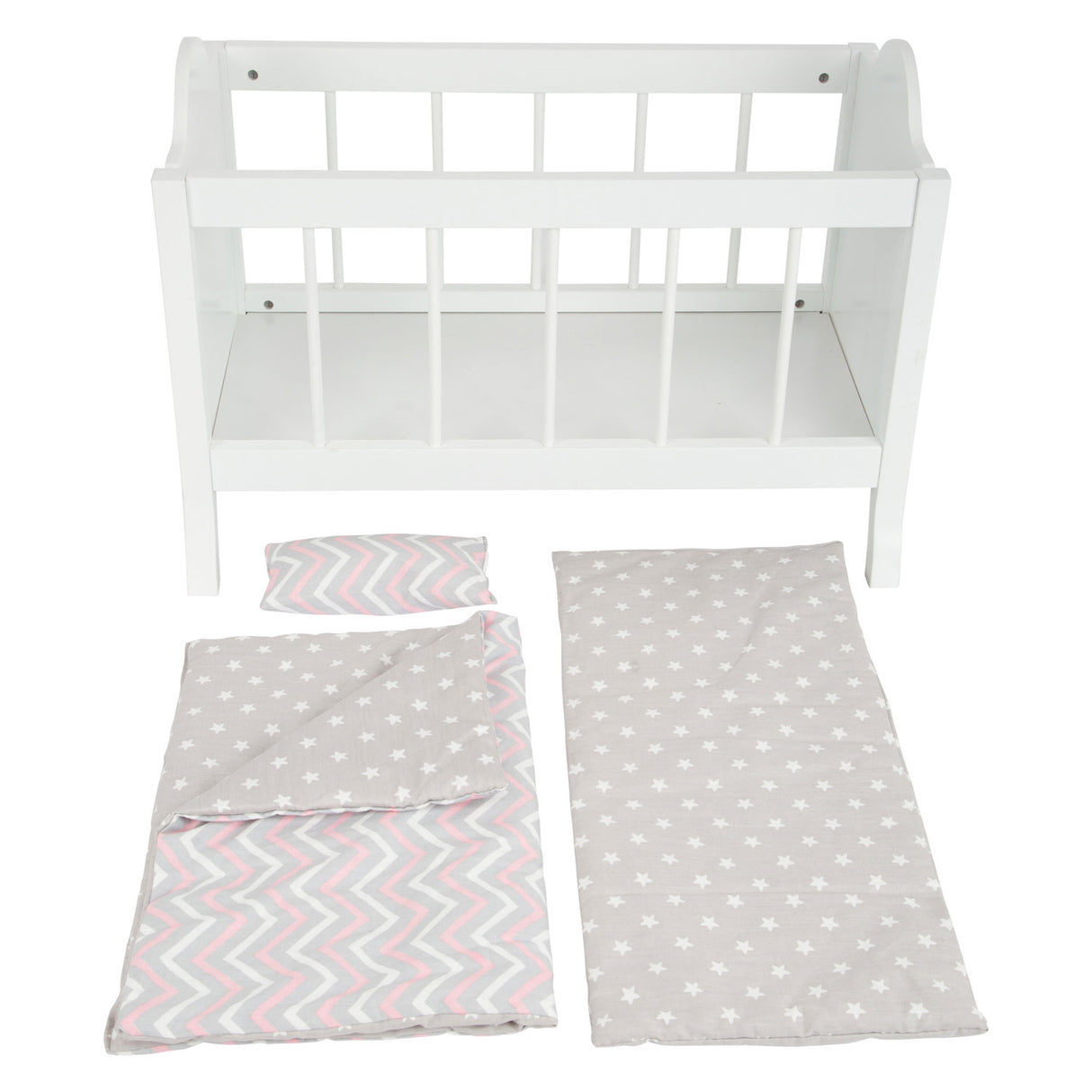 Small foot wooden doll bed white with bedding stripes, 4dlg.