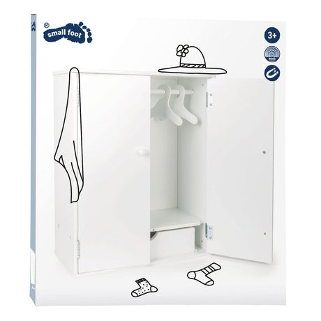 Small foot - armoire de poupée en bois avec cintres, 3 parties.