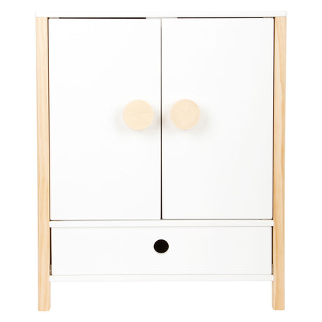 Petite garde-robe de poupée en bois à petit pied avec des cintres, 3dlg.