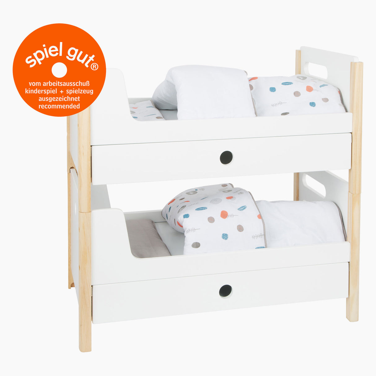 Small Foot wooden doll high bed Little button with bedding, 6dlg.