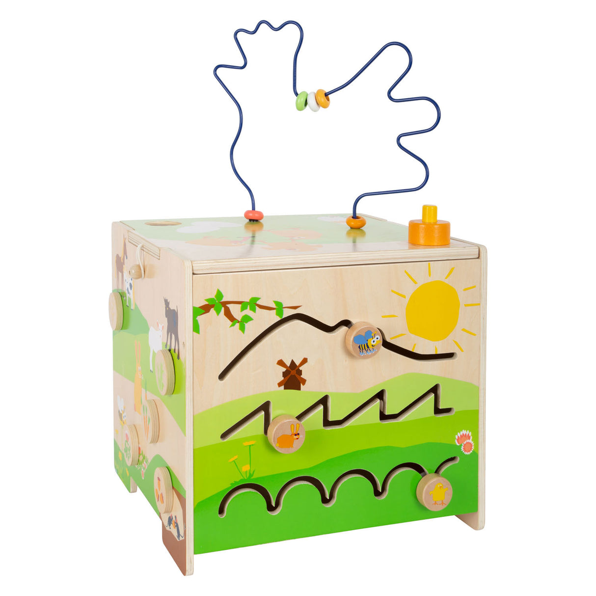 Small foot - cube d'activités en bois avec ferme en spirale de motricité