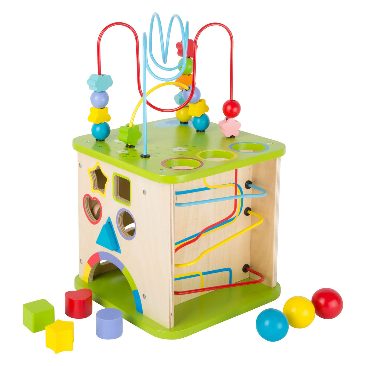 Small foot wooden activity cube with marble track, 8dlg.